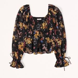 Abercrombie & Fitch Babydoll Chiffon Black Floral Top fluff sleeves